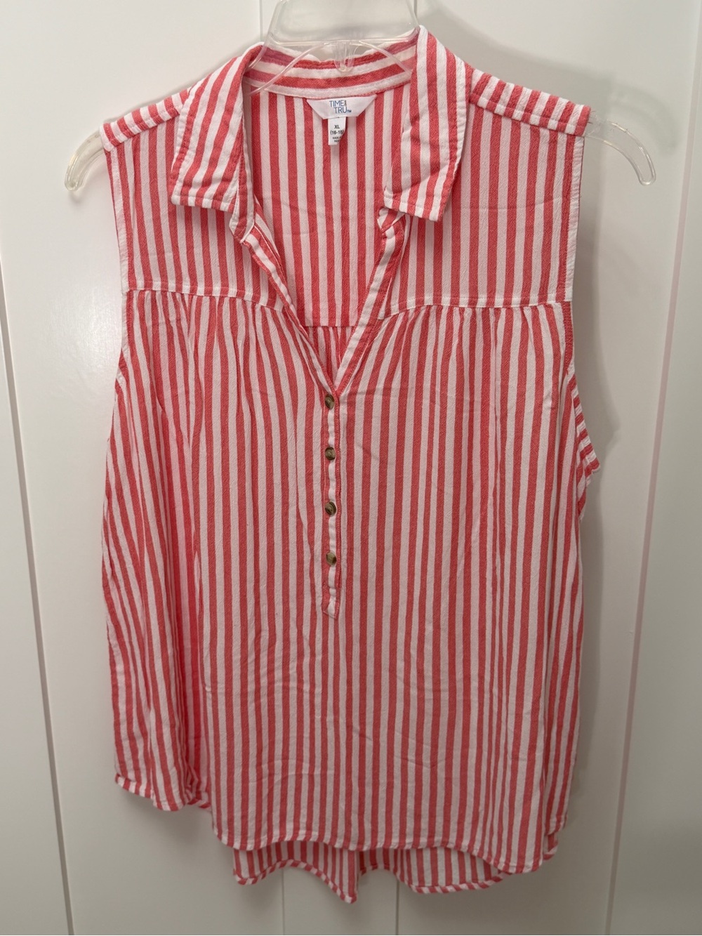 Red & White Striped Sleeveless Button Front Top by Time and Tru